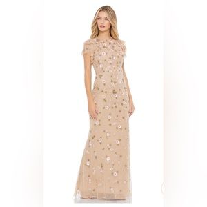 Mac Duggal Floral Embellished Maxi Dress in Nude